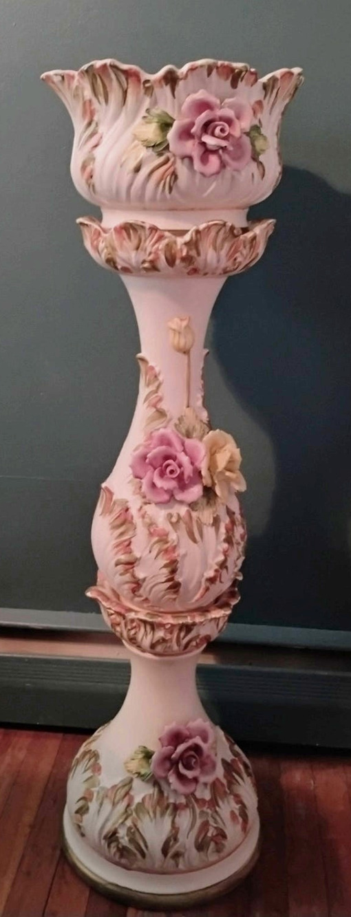 Vintage Capodimonte Tall Pedestal Planter Urn Pink Rose Rococco Italy